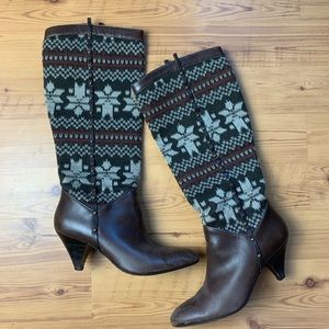 Cole Haan Brown Fair Isle Knit & Leather Boots 10